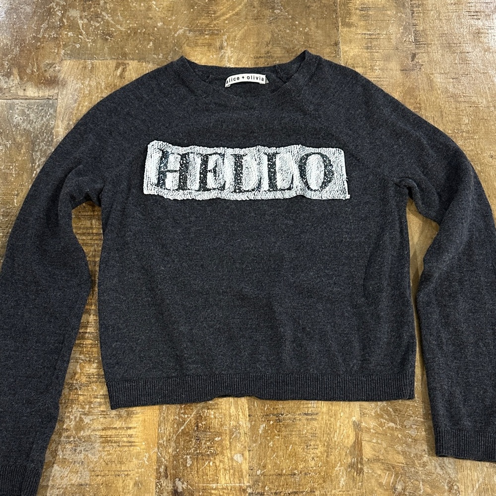 Alice + Olivia Charcoal Crewneck Sweater with White Sequin Graphic Design